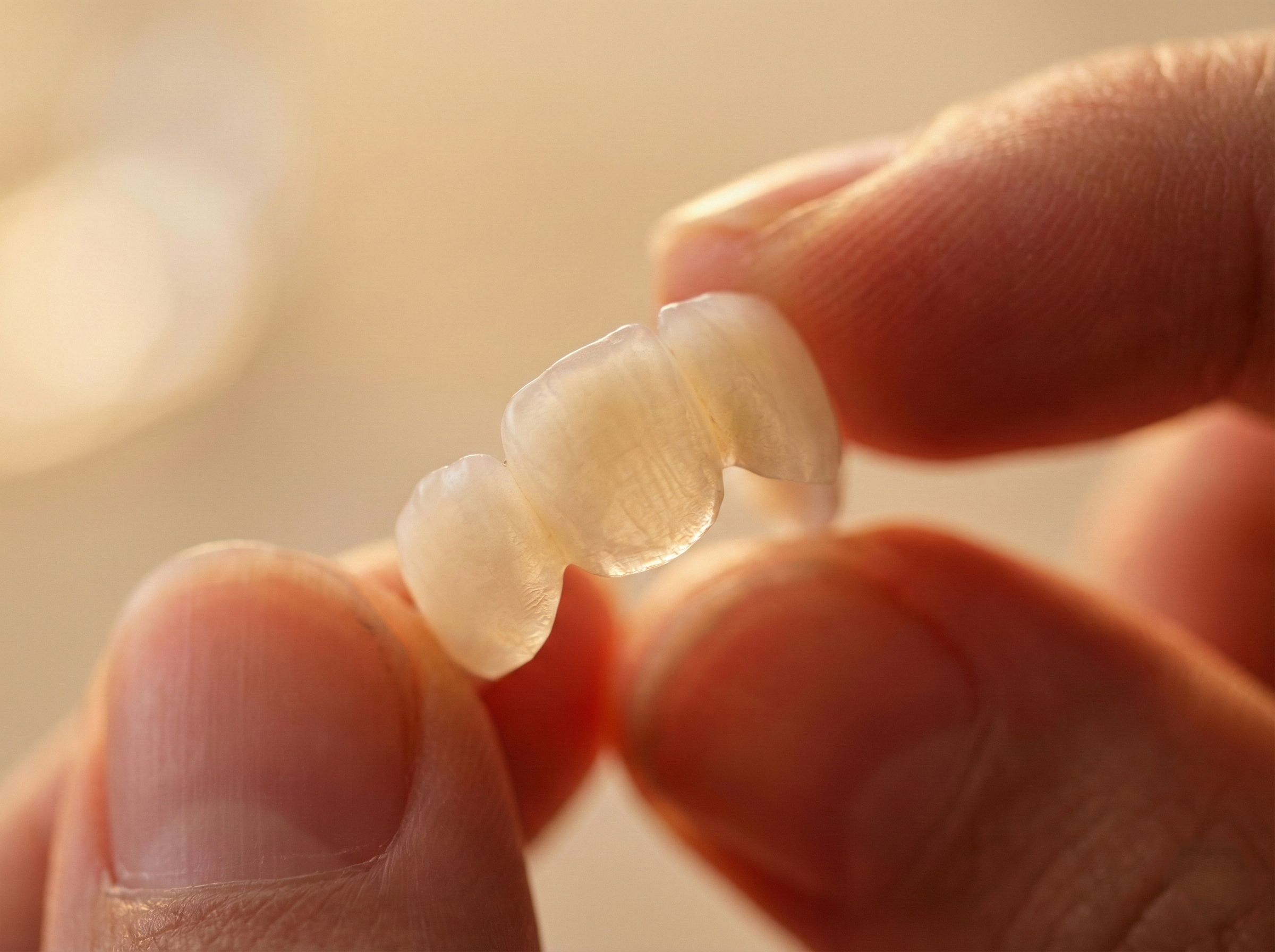 Close-up of Shiny Smile Veneers showing natural translucency and precise custom fit